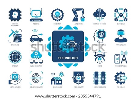 Technology icon set. Innovation, Artificial Intelligence, Data Mining, Robotics, Machine Learning, Internet, Blockchain, Drone. Duotone color solid icons