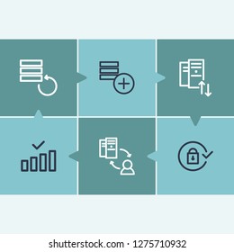 Technology icon set and internet connection with hosting, data recovery and data backup. Database user related technology icon vector for web UI logo design.