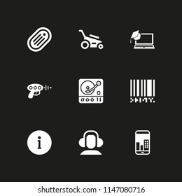 technology icon set. lawn mower, barcode and headphones vector icon for graphic design and web