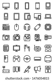 Technology Icon Set in Line Style. Included icons such as Computer, Smartphone, Canera and more. Pixel perfect and scalable icons