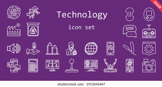 technology icon set. line icon style. technology related icons such as news, calculator, console, remote control, compress, sound, news reporter, joystick, investment, monitor, silo, wave