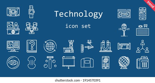 technology icon set. line icon style. technology related icons such as news, smartwatch, vhs, antenna, hangar, components, compress, earth globe, parking meter, team, cassette, network, earth grid
