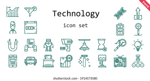 technology icon set. line icon style. technology related icons such as news, creative process, upload, television, scanning, contract, lamp, ideas, battery, magnet, analytics, line chart, filter