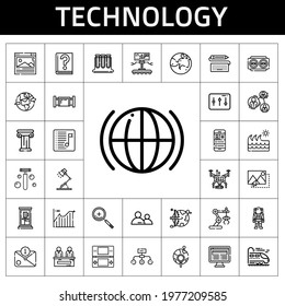 technology icon set. line icon style. technology related icons such as global, phone box, wave, line chart, robot, astronaut, test tubes, playlist, browser, worldwide, pipe