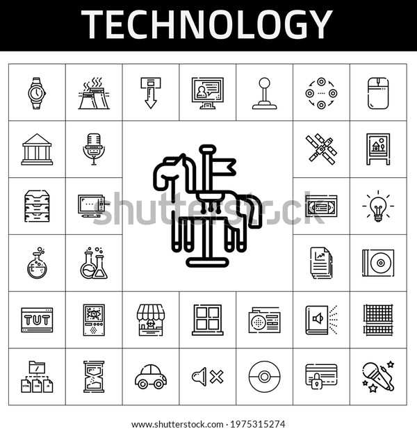 technology icon set. line icon\
style. technology related icons such as voice, vhs, audiobook,\
shop, idea, domotics, industry, carousel, radio, mouse, download,\
file, car
