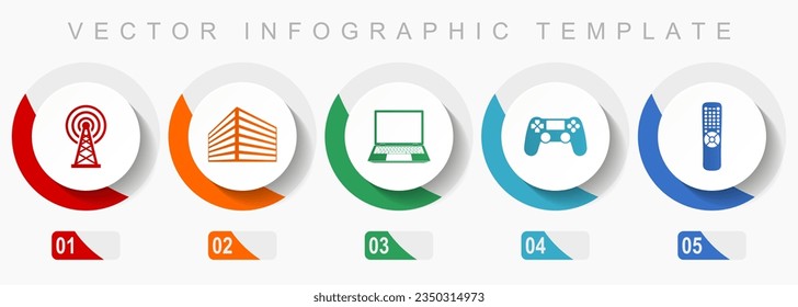 Technology icon set, miscellaneous icons such as antenna, office building, laptop, gamepad, tv remote, flat design vector infographic template, web buttons in 5 color options