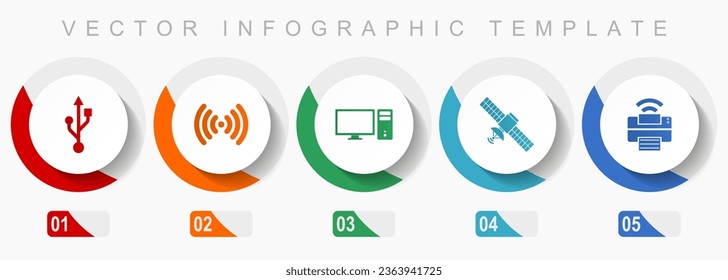 Technology icon set, miscellaneous icons such as usb, wifi, computer, satellite and printer, flat design vector infographic template, web buttons in 5 color options