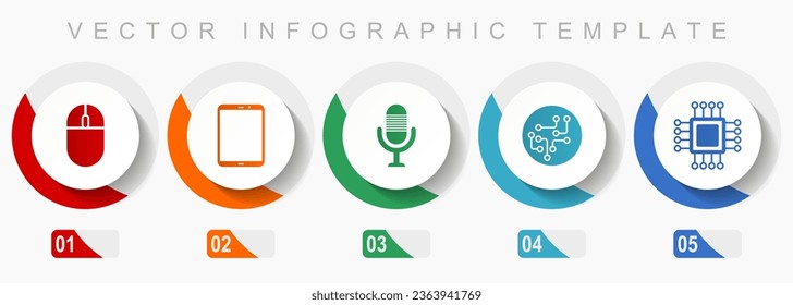 Technology icon set, miscellaneous icons such as computer mouse, tablet, microphone, chip and cpu, flat design vector infographic template, web buttons in 5 color options