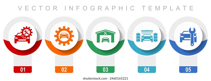 Conjunto de iconos de Tecnología, varios iconos vectoriales como taller, coche, servicio y lavado de coches, Plantilla de infografía de diseño moderno, Botones de Web en 5 opciones de color