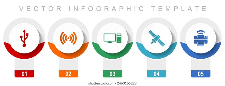 Conjunto de iconos de Tecnología, varios iconos vectoriales como usb, wifi, ordenador, satélite e impresora, Plantilla de infografía de diseño moderno, Botones de Web en 5 opciones de color