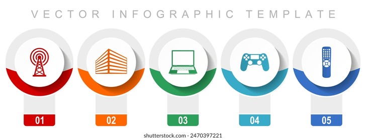 Technology icon set, miscellaneous vector icons such as antenna, office building, laptop, gamepad, tv remote, modern design infographic template, web buttons in 5 color options