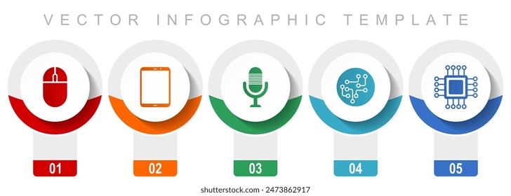 Technology icon set, miscellaneous vector icons such as computer mouse, tablet, microphone, chip and cpu, modern design infographic template, web buttons in 5 color options