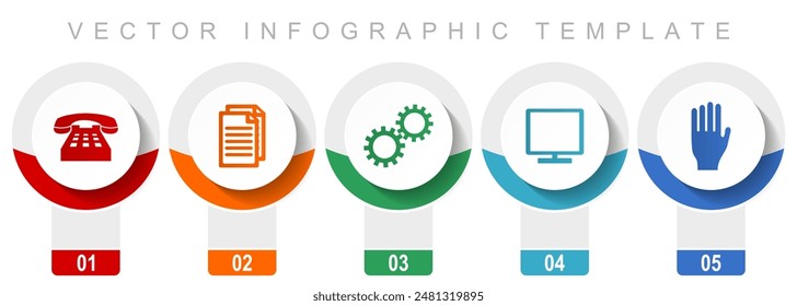 Technology icon set, miscellaneous vector icons such as phone, document, gears, tv and hand, modern design infographic template, web buttons in 5 color options