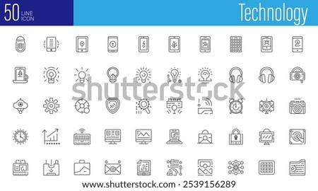Technology icon set, mobile communication and web app icons. Chips, gears, cell phones, computers, wiring.
