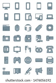 Technology Icon Set in Outline Filled Style. Included icons such as Computer, Smartphone, Canera and more. Pixel perfect and scalable icons