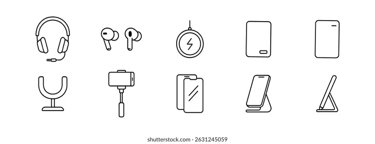 Conjunto de ícones de tecnologia - estrutura de tópicos, gadgets, acessórios para dispositivos digitais