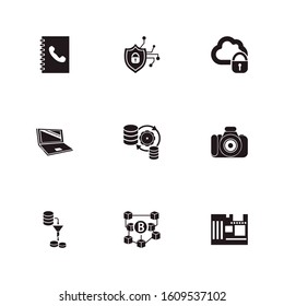 Technology icon set and photo camera with data filter, telephone book and mother board. Padlock related technology icon vector for web UI logo design.