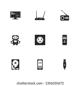 Technology icon set and robot with power socket, radio and programming. Fm related technology icon vector for web UI logo design.