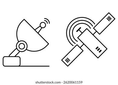 Technology icon set with satellite communication and radar signal transmission for space connection network vector illustration in minimal line style.
