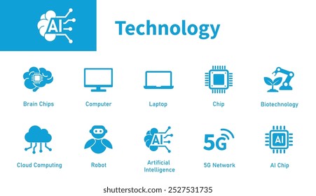 Technology icon. Set of solid vector symbols on artificial intelligence, future technology, chips, computers.