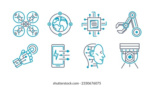 Technology icon set stroke line . 5g, ai, power, robot, drone, connected and security. Great for websites and social media