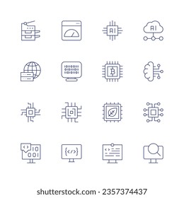 Technology icon set. Thin line icon. Editable stroke. Containing scanner, app, artificial intelligence, big data, binary code, bitcoin, brain, chip, coding, computer.