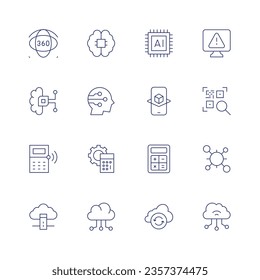 Technology icon set. Thin line icon. Editable stroke. Containing degrees, ai, alert, artificial intelligence, augmented reality, barcode, calculator, cells, cloud server, cloud sync, cloud.