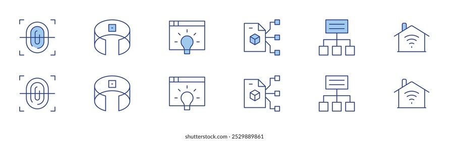 Technology icon set in two styles, Duotone and Thin Line style. Editable stroke. smart contract, fingerprint, immersive vr, project, smart house, idea.