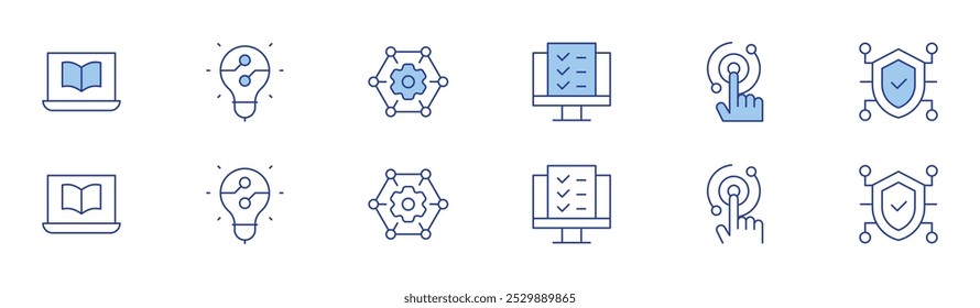 Technology icon set in two styles, Duotone and Thin Line style. Editable stroke. online learning, usability, touch, idea, network, security.