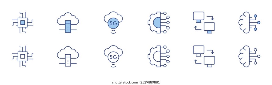 Technology icon set in two styles, Duotone and Thin Line style. Editable stroke. connection, chip, computer networking, cloud server, brain, 5G.