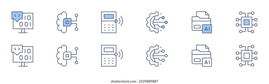 Technology icon set in two styles, Duotone and Thin Line style. Editable stroke. coding, digital transformation, folder, artificial intelligence, calculator, chip.