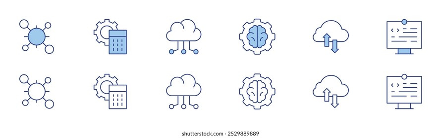 Technology icon set in two styles, Duotone and Thin Line style. Editable stroke. cells, calculator, cloud server, brain, cloud, coding.