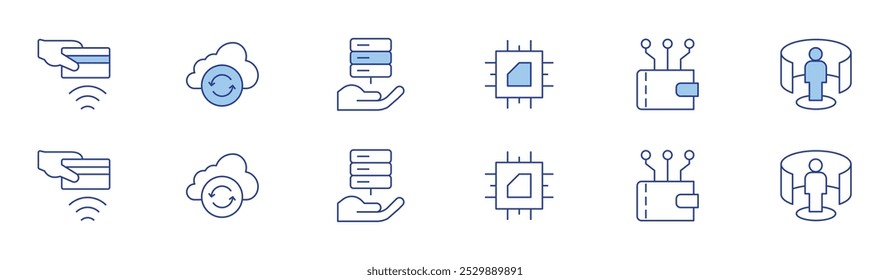 Technology icon set in two styles, Duotone and Thin Line style. Editable stroke. contactless, cloud sync, hosting, processor, wallet, vr platform.