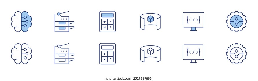Technology icon set in two styles, Duotone and Thin Line style. Editable stroke. 3d viewer, brain, coding, scanner, digitalization, calculator.