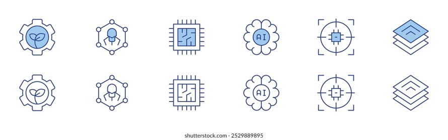 Technology icon set in two styles, Duotone and Thin Line style. Editable stroke. artificial intelligence, green technology, target, nanotechnology, cpu, platform.