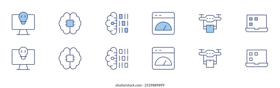 Ícone de tecnologia definido em dois estilos, estilo Duotônico e Linha fina. AVC editável. app, ideia, ai, entrega de drones, laptop, inteligência artificial.