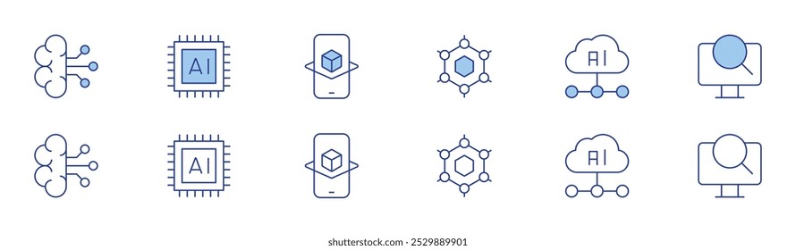 Technology icon set in two styles, Duotone and Thin Line style. Editable stroke. artificial intelligence, graphene, ai, augmented reality, computer.