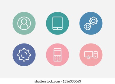 Technology icon set and user with gear, desktop computer and ios tablet. Telephone related technology icon vector for web UI logo design.