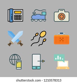 technology icon set. vector set about computer, drone case, telephone and photo camera icons set.