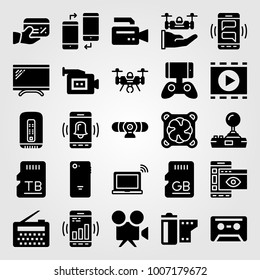 Technology icon set vector. monitor, movie player, radio and joystick