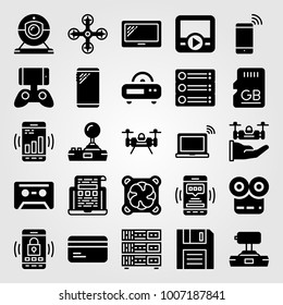 Technology icon set vector. movie player, router, laptop and memory