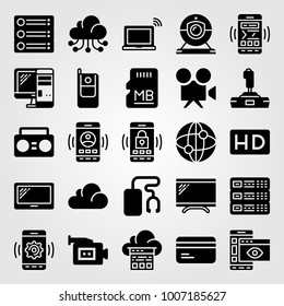 Technology icon set vector. smartphone, cellphone, sd card and internet