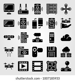 Technology icon set vector. tablet, camera, pc case and film roll