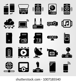 Technology icon set vector. video camera, music player, web and memory