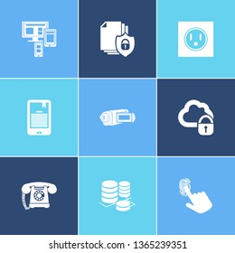 Technology icon set and video camera with power socket, landline telephone, database. Phone related technology icon vector for web UI logo design.