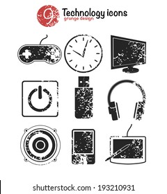 Technology icon set,black version,grunge vector