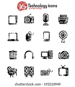 Technology icon set,black version,grunge vector