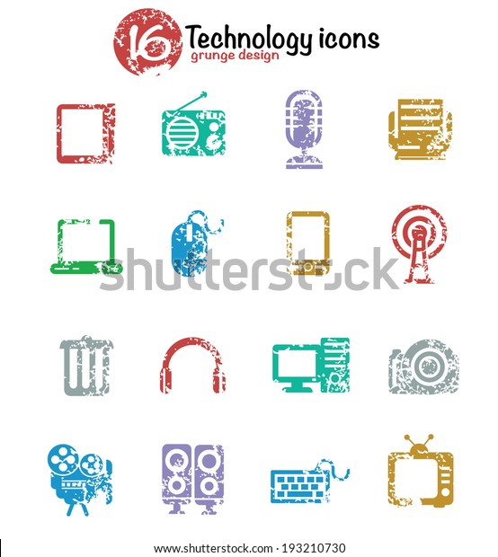 Technology icon\
set,colorful version,grunge\
vector