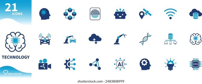 Technology icon. Icon sets for artificial intelligence, semiconductor chips, cars, robots, video creation, cloud computing,...