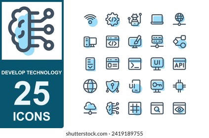 technology icon set.style blue lineal color.contains hacker,laptop,internet,network,desktop,design,web,database,programming,software,ui,interface.editable stroke